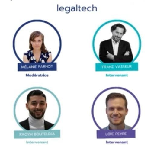 Webinaire avec quatre personnes dans le domaine du Legaltech, avec leurs noms et rôles respectifs.